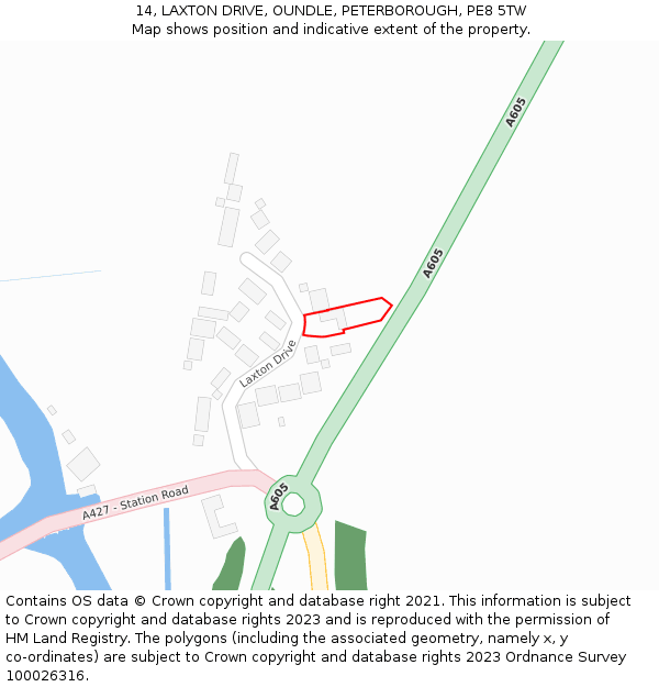 14, LAXTON DRIVE, OUNDLE, PETERBOROUGH, PE8 5TW: Location map and indicative extent of plot