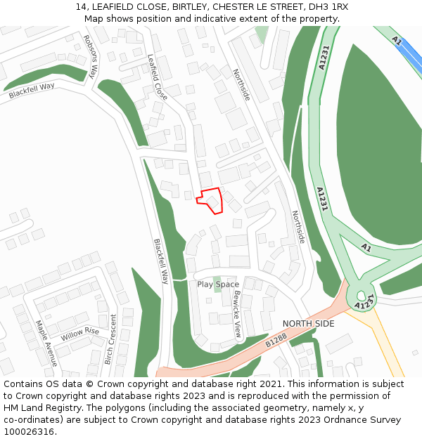 14, LEAFIELD CLOSE, BIRTLEY, CHESTER LE STREET, DH3 1RX: Location map and indicative extent of plot