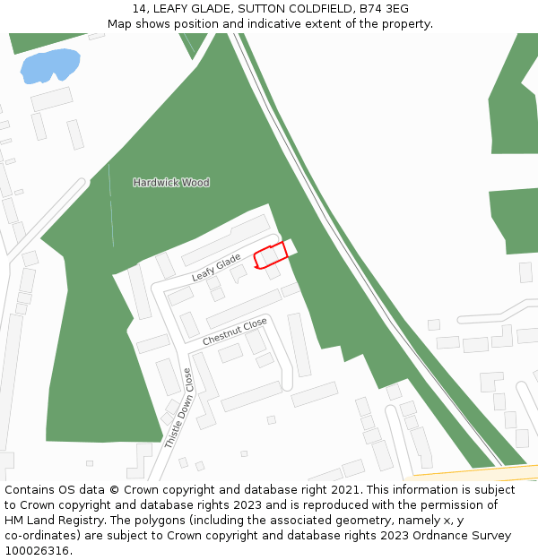 14, LEAFY GLADE, SUTTON COLDFIELD, B74 3EG: Location map and indicative extent of plot