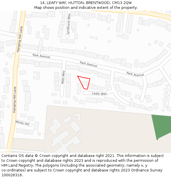 14, LEAFY WAY, HUTTON, BRENTWOOD, CM13 2QW: Location map and indicative extent of plot