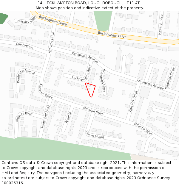 14, LECKHAMPTON ROAD, LOUGHBOROUGH, LE11 4TH: Location map and indicative extent of plot