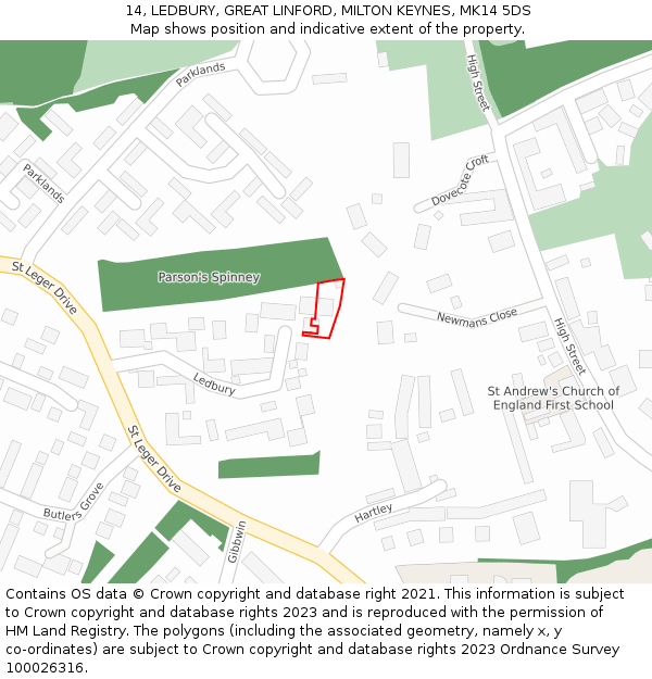 14, LEDBURY, GREAT LINFORD, MILTON KEYNES, MK14 5DS: Location map and indicative extent of plot