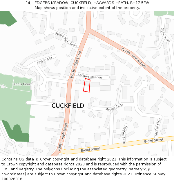 14, LEDGERS MEADOW, CUCKFIELD, HAYWARDS HEATH, RH17 5EW: Location map and indicative extent of plot