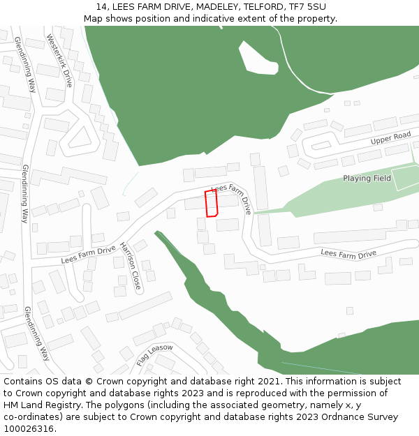 14, LEES FARM DRIVE, MADELEY, TELFORD, TF7 5SU: Location map and indicative extent of plot