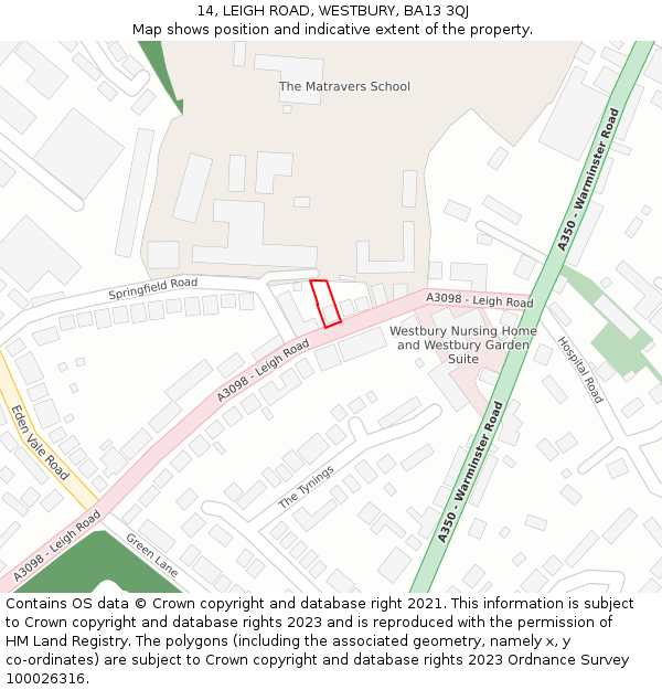 14, LEIGH ROAD, WESTBURY, BA13 3QJ: Location map and indicative extent of plot