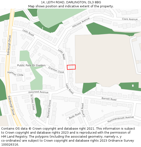 14, LEITH ROAD, DARLINGTON, DL3 8BG: Location map and indicative extent of plot