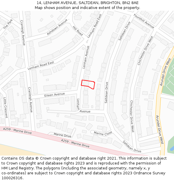 14, LENHAM AVENUE, SALTDEAN, BRIGHTON, BN2 8AE: Location map and indicative extent of plot