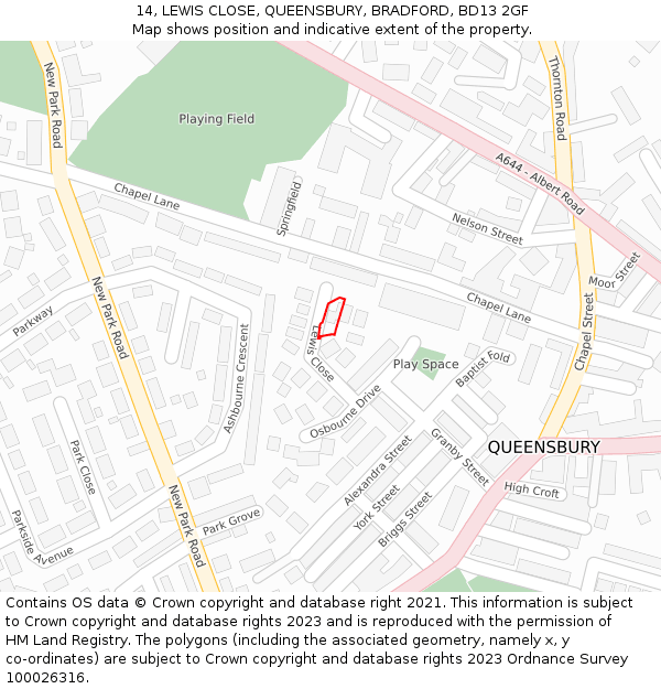 14, LEWIS CLOSE, QUEENSBURY, BRADFORD, BD13 2GF: Location map and indicative extent of plot