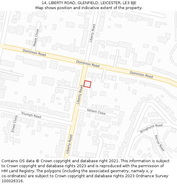 14, LIBERTY ROAD, GLENFIELD, LEICESTER, LE3 8JE: Location map and indicative extent of plot