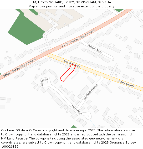 14, LICKEY SQUARE, LICKEY, BIRMINGHAM, B45 8HA: Location map and indicative extent of plot