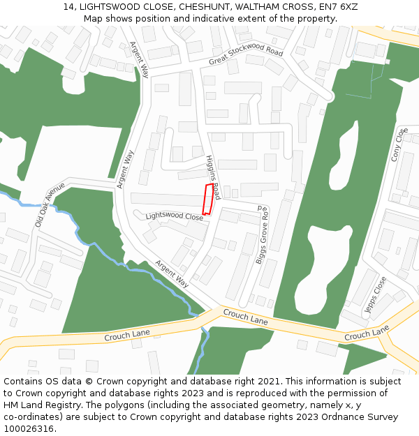 14, LIGHTSWOOD CLOSE, CHESHUNT, WALTHAM CROSS, EN7 6XZ: Location map and indicative extent of plot