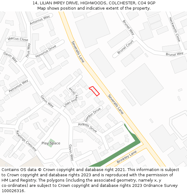 14, LILIAN IMPEY DRIVE, HIGHWOODS, COLCHESTER, CO4 9GP: Location map and indicative extent of plot