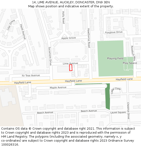 14, LIME AVENUE, AUCKLEY, DONCASTER, DN9 3EN: Location map and indicative extent of plot