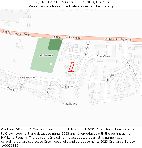 14, LIME AVENUE, SAPCOTE, LEICESTER, LE9 4BD: Location map and indicative extent of plot