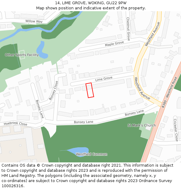 14, LIME GROVE, WOKING, GU22 9PW: Location map and indicative extent of plot