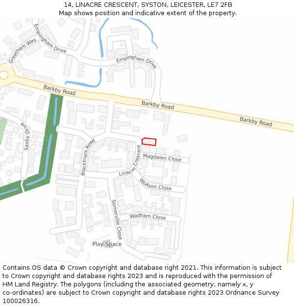 14, LINACRE CRESCENT, SYSTON, LEICESTER, LE7 2FB: Location map and indicative extent of plot