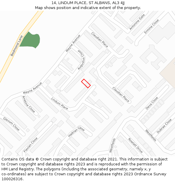 14, LINDUM PLACE, ST ALBANS, AL3 4JJ: Location map and indicative extent of plot