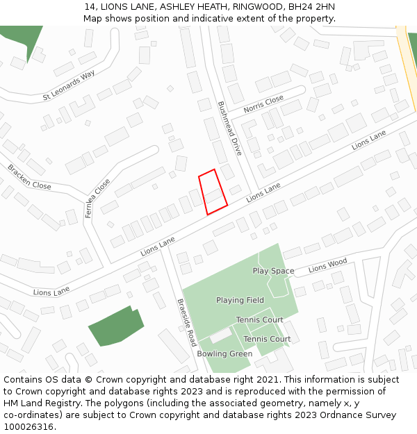 14, LIONS LANE, ASHLEY HEATH, RINGWOOD, BH24 2HN: Location map and indicative extent of plot