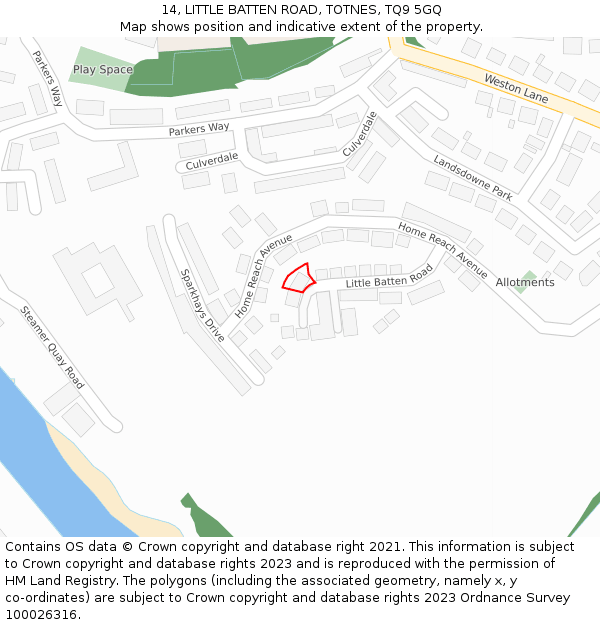 14, LITTLE BATTEN ROAD, TOTNES, TQ9 5GQ: Location map and indicative extent of plot