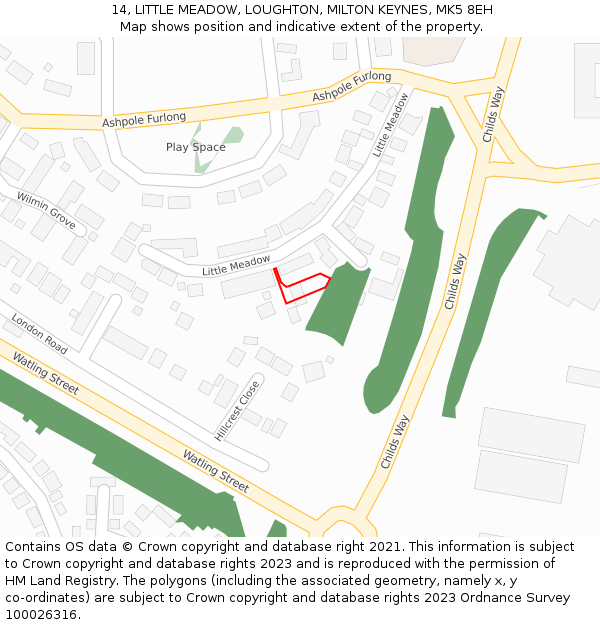 14, LITTLE MEADOW, LOUGHTON, MILTON KEYNES, MK5 8EH: Location map and indicative extent of plot