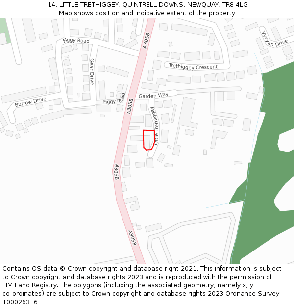 14, LITTLE TRETHIGGEY, QUINTRELL DOWNS, NEWQUAY, TR8 4LG: Location map and indicative extent of plot