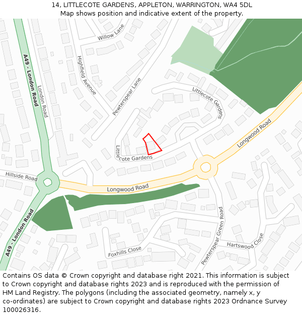 14, LITTLECOTE GARDENS, APPLETON, WARRINGTON, WA4 5DL: Location map and indicative extent of plot