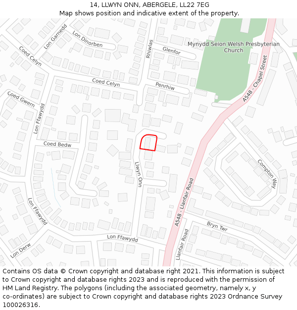 14, LLWYN ONN, ABERGELE, LL22 7EG: Location map and indicative extent of plot