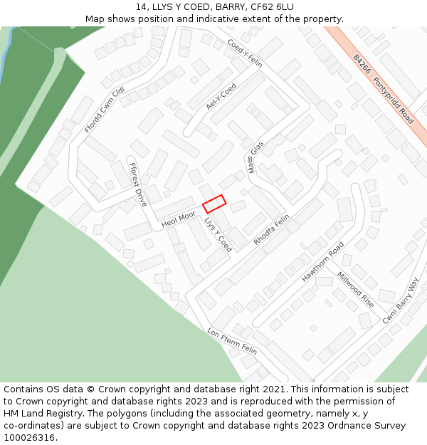 14, LLYS Y COED, BARRY, CF62 6LU: Location map and indicative extent of plot