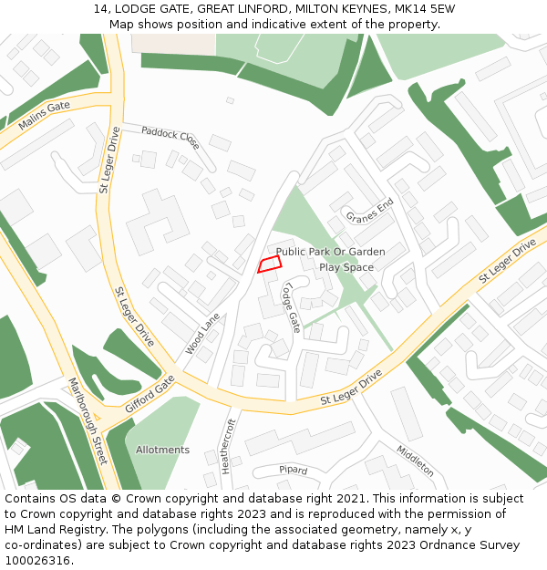 14, LODGE GATE, GREAT LINFORD, MILTON KEYNES, MK14 5EW: Location map and indicative extent of plot