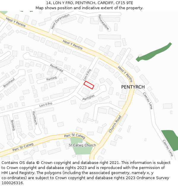 14, LON Y FRO, PENTYRCH, CARDIFF, CF15 9TE: Location map and indicative extent of plot