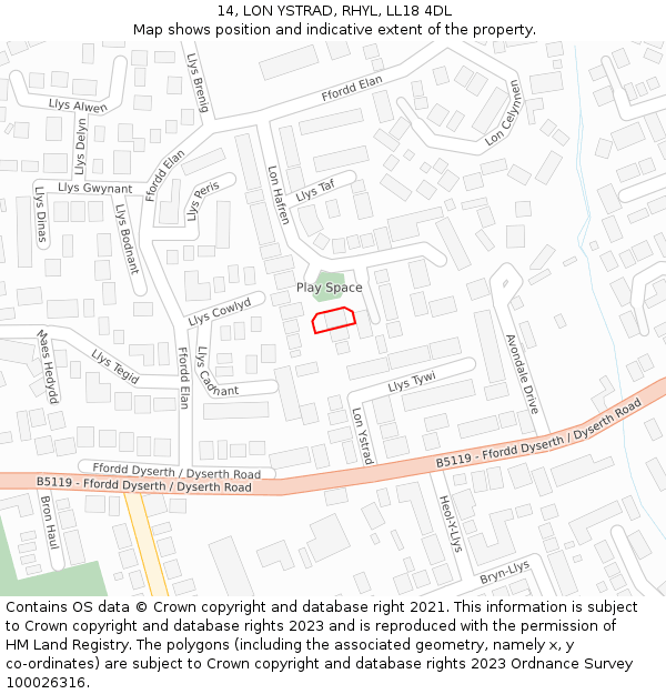 14, LON YSTRAD, RHYL, LL18 4DL: Location map and indicative extent of plot