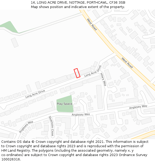 14, LONG ACRE DRIVE, NOTTAGE, PORTHCAWL, CF36 3SB: Location map and indicative extent of plot