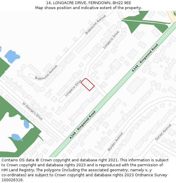 14, LONGACRE DRIVE, FERNDOWN, BH22 9EE: Location map and indicative extent of plot