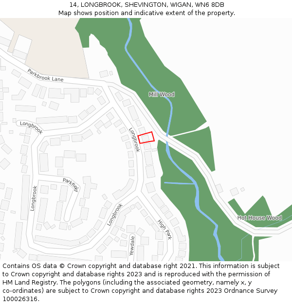 14, LONGBROOK, SHEVINGTON, WIGAN, WN6 8DB: Location map and indicative extent of plot