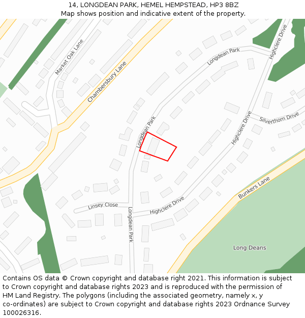 14, LONGDEAN PARK, HEMEL HEMPSTEAD, HP3 8BZ: Location map and indicative extent of plot