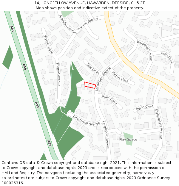 14, LONGFELLOW AVENUE, HAWARDEN, DEESIDE, CH5 3TJ: Location map and indicative extent of plot