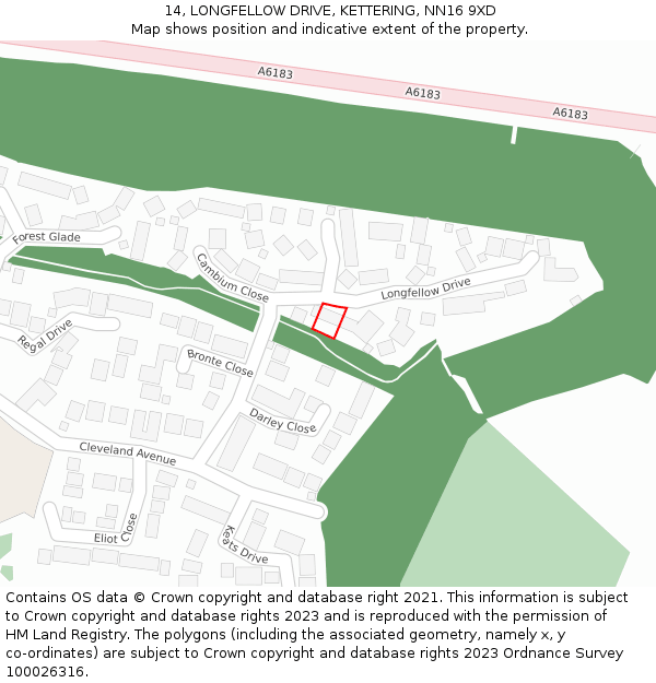 14, LONGFELLOW DRIVE, KETTERING, NN16 9XD: Location map and indicative extent of plot