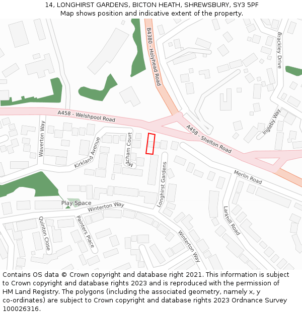 14, LONGHIRST GARDENS, BICTON HEATH, SHREWSBURY, SY3 5PF: Location map and indicative extent of plot