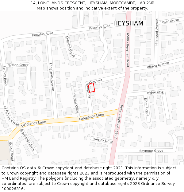 14, LONGLANDS CRESCENT, HEYSHAM, MORECAMBE, LA3 2NP: Location map and indicative extent of plot