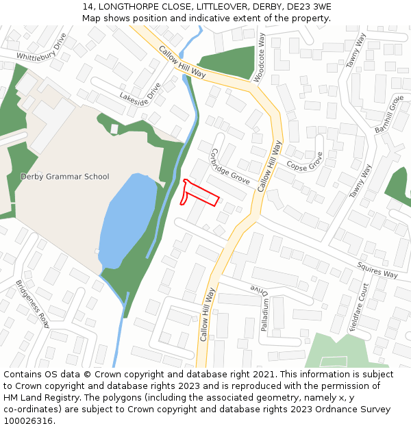 14, LONGTHORPE CLOSE, LITTLEOVER, DERBY, DE23 3WE: Location map and indicative extent of plot