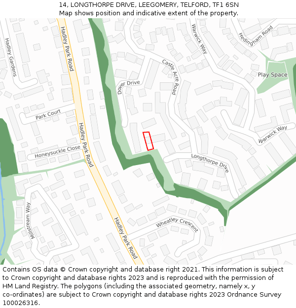 14, LONGTHORPE DRIVE, LEEGOMERY, TELFORD, TF1 6SN: Location map and indicative extent of plot