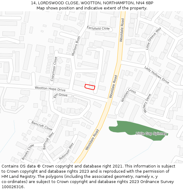 14, LORDSWOOD CLOSE, WOOTTON, NORTHAMPTON, NN4 6BP: Location map and indicative extent of plot