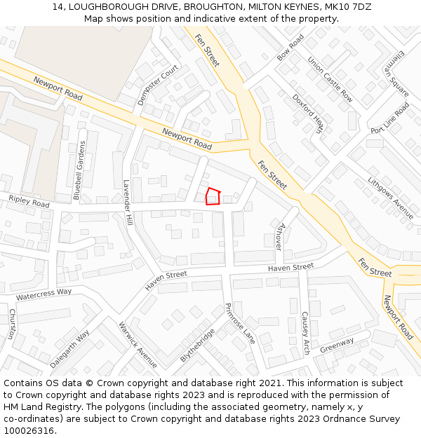 14, LOUGHBOROUGH DRIVE, BROUGHTON, MILTON KEYNES, MK10 7DZ: Location map and indicative extent of plot