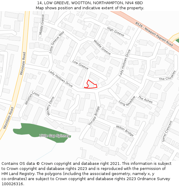 14, LOW GREEVE, WOOTTON, NORTHAMPTON, NN4 6BD: Location map and indicative extent of plot