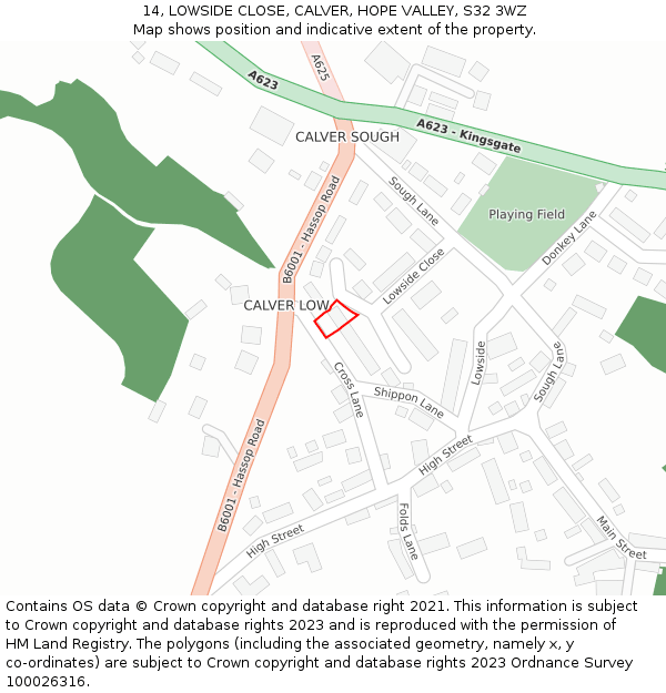 14, LOWSIDE CLOSE, CALVER, HOPE VALLEY, S32 3WZ: Location map and indicative extent of plot