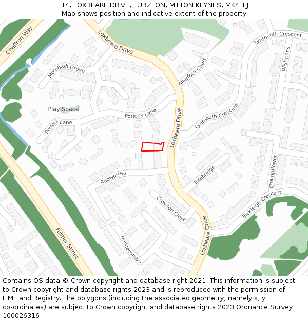 14, LOXBEARE DRIVE, FURZTON, MILTON KEYNES, MK4 1JJ: Location map and indicative extent of plot