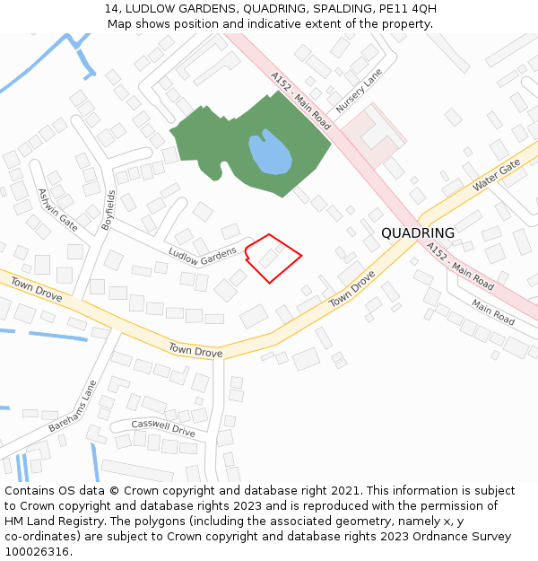 14, LUDLOW GARDENS, QUADRING, SPALDING, PE11 4QH: Location map and indicative extent of plot