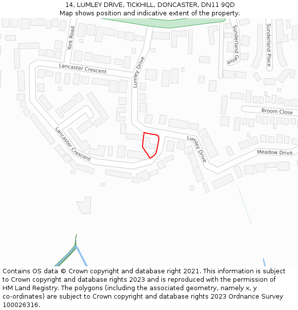 14, LUMLEY DRIVE, TICKHILL, DONCASTER, DN11 9QD: Location map and indicative extent of plot