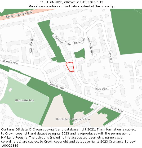 14, LUPIN RIDE, CROWTHORNE, RG45 6UR: Location map and indicative extent of plot