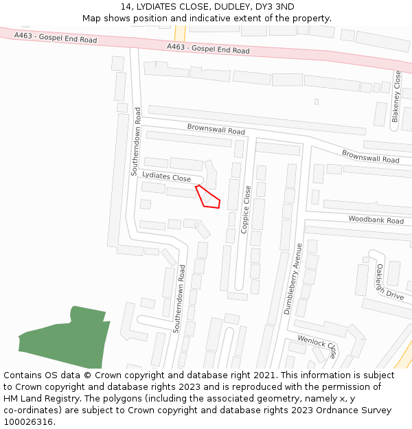 14, LYDIATES CLOSE, DUDLEY, DY3 3ND: Location map and indicative extent of plot